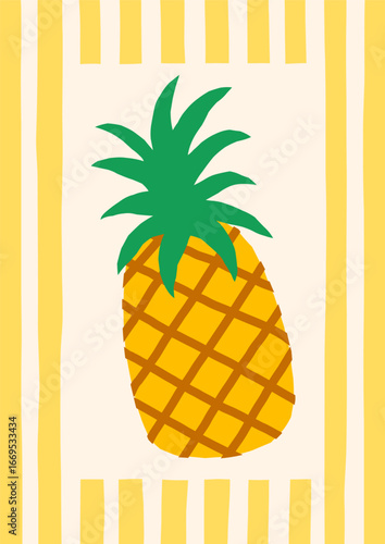 Summer tropical exotic fresh fruits vector illustration. Bold bright poster design with pineapple on striped background