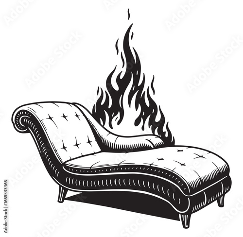 Burning chaise lounge illustration depicting symbolic fire and conceptual destruction