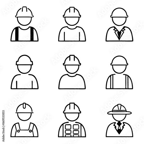 Diverse construction worker icons representing various roles and professions in the building and engineering industry
