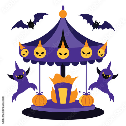 Tshirt vector art of halloween carousel with purple bats, spooky pumpkins, and ghostlike figures, creating a festive and eerie atmosphere