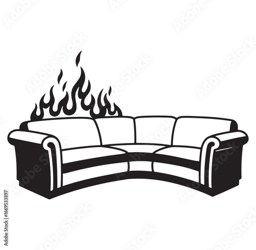 Burning couch illustration black and white fire flames over a sectional sofa on white