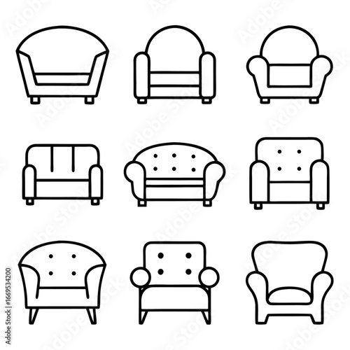 Collection of armchair icons set of different styles of armchairs for interior design projects and furniture stores