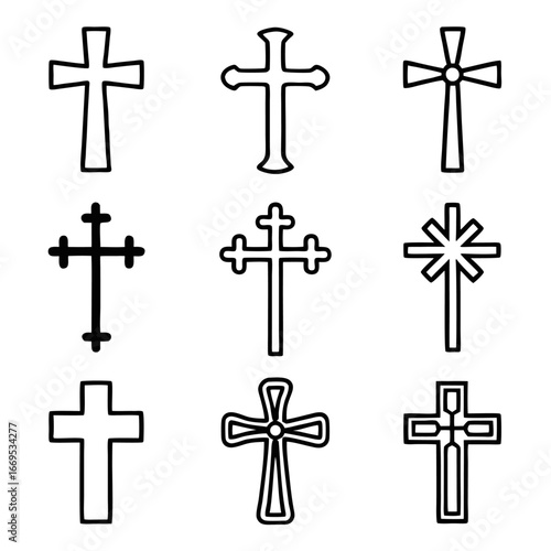 Collection of cross icons set of different styles of crosses for religious projects and christian themed designs