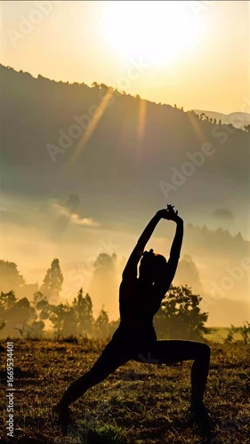 Silhouette of a woman practicing yoga with arms raised, against a sunrise backdrop.