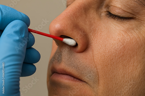 Medical professional performing nasal swab collection using a cotton applicator for diagnostic testing.