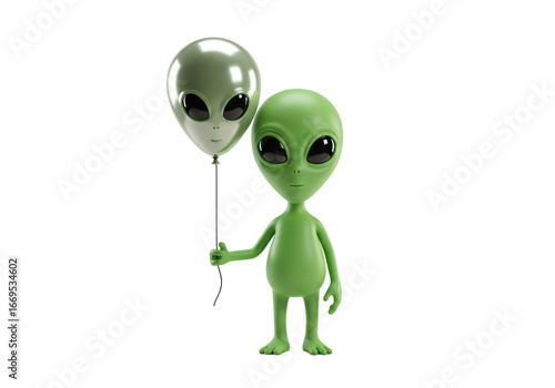 Isolated Green alien holding a balloon in the shape of an alien head, extraterrestrial being