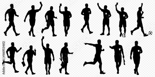 Silhouettes of soccer referees in various poses, including running, signaling with flags and cards, and kicking a ball.