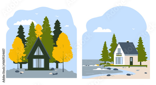 Flat Cartoon Style House by Forest and Ocean with Colorful Trees