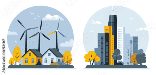 Cartoon Scenic Landscape with Wind Turbines and City Skyline in Contrast