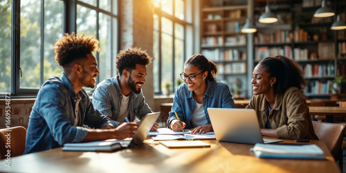 A group of university students study together at a table, sharing laptops, books, and ideas in a bright modern library.