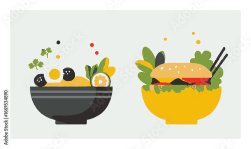 Colorful Flat Cartoon Food Illustrations Featuring Noodles and Burger