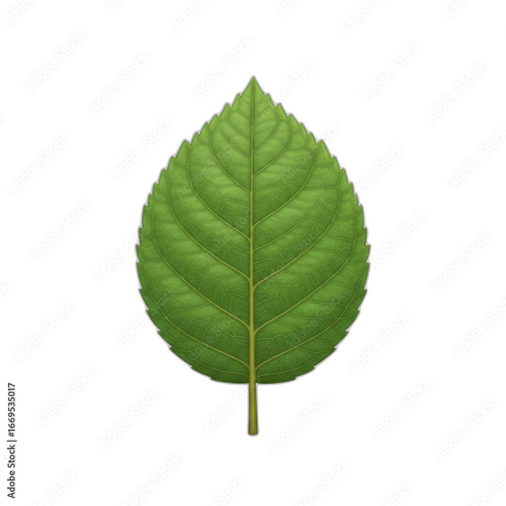 Obraz premium A vibrant green leaf with prominent veins and a short stem, isolated on a white background.