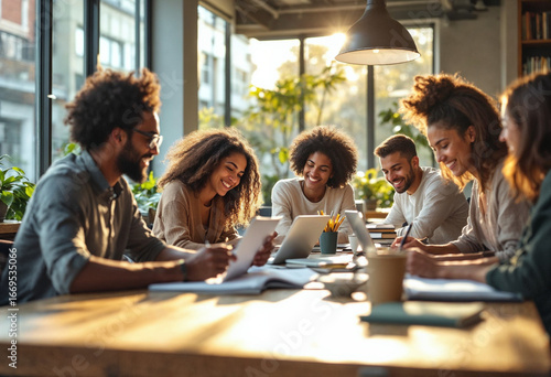 A group of university students study together at a table, sharing laptops, books, and ideas in a bright modern library.