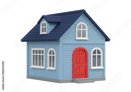 Isolated cute cartoon house with blue siding and red door for advertising and media projects