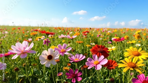 A vibrant field of colorful cosmos flowers under a bright blue sky with scattered white clouds above