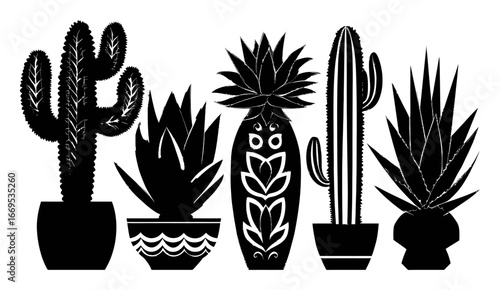 Hand-Drawn Silhouettes of Various Potted Cacti and Succulent Plants
