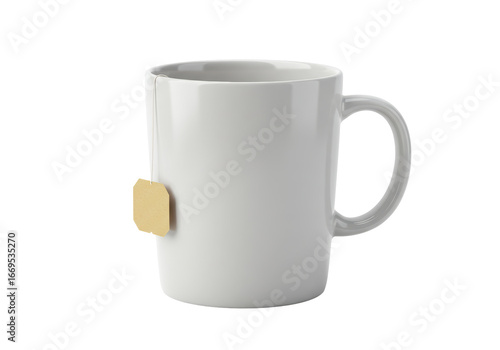 Isolated mug with teabag ready for brewing a relaxing cup of tea beverage at home