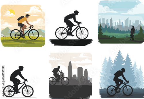 Cyclist riding bike, outdoor cycling adventure, nature and city background, healthy lifestyle, mountain biking, silhouette, scenic bicycle journey