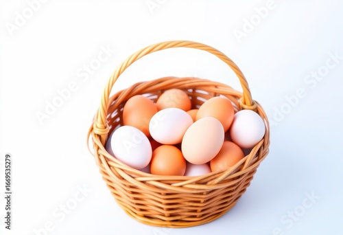 Wallpaper Mural A wicker basket brimming with a dozen light and dark brown eggs and a few white eggs, sits on a stark white background Torontodigital.ca