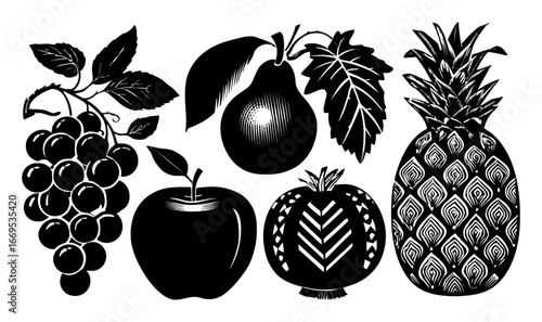 Hand-Drawn Illustrations of Various Fruits in Black and White Design