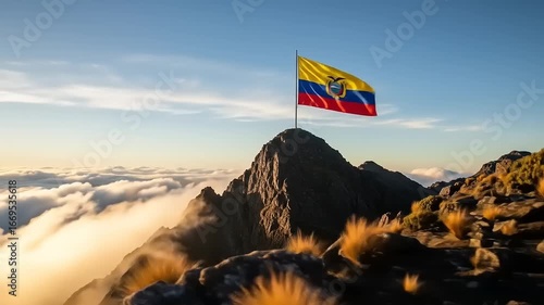 Majestic view of Ecuadorian flag waving atop a mountain peak during sunset with clouds below