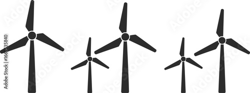 Black silhouette wind turbines icon, renewable energy, windmill generator, clean power source, eco electricity, green energy graphic, sustainable illustration