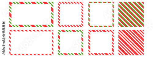 Holiday striped cane border set. Bright Christmas frames. Rectangle, and square shapes in red and green lollipop style.