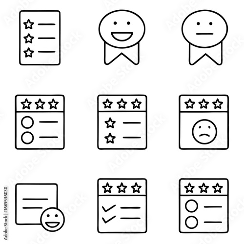 Feedback and reviews icons representing customer satisfaction and rating with stars, checks, and happy or sad faces