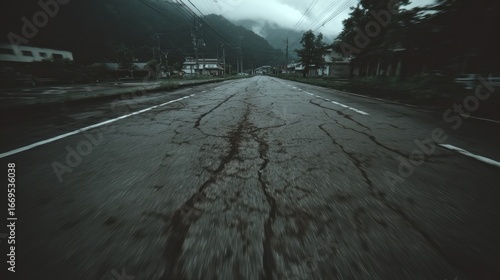 Cracked road stretches into misty mountains. Weathered asphalt leads past houses under cloudy skies. Dark, somber, and evocative