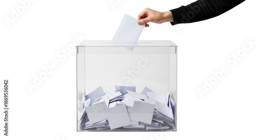 Hand casting a vote into transparent ballot box  
