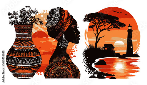 Abstract Silhouette Illustration with Nature in Warm Orange Tones