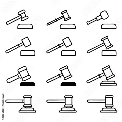 Set of gavel icons, representing justice, law, and legal proceedings in court, auctions, and judicial decisions