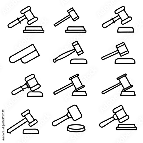 Set of gavel icons, symbolizing justice, law, and legal proceedings in courts, auctions, and judicial systems