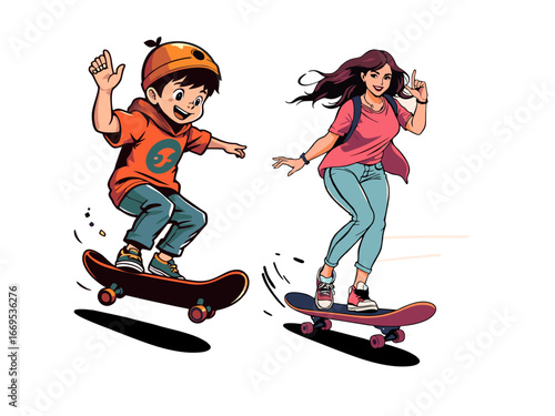 Boy and girl skateboarding together vector illustration