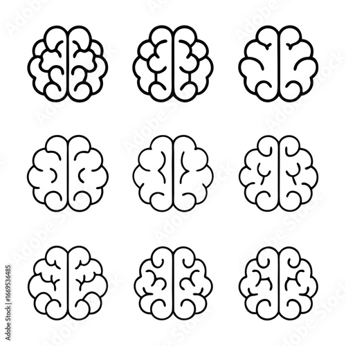 Collection of nine brain icons, showcasing the complexity and potential of the human mind in a simple outline style