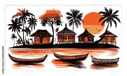 Serene Tropical Landscape with Sunset, Palms, and Traditional Boats