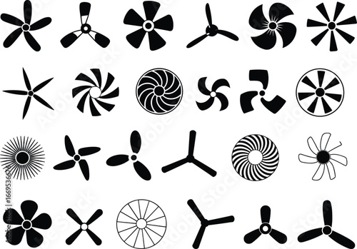 Collection of black turbine, fan, propeller icons, energy blade symbols, air flow vector set, wind power graphic design elements