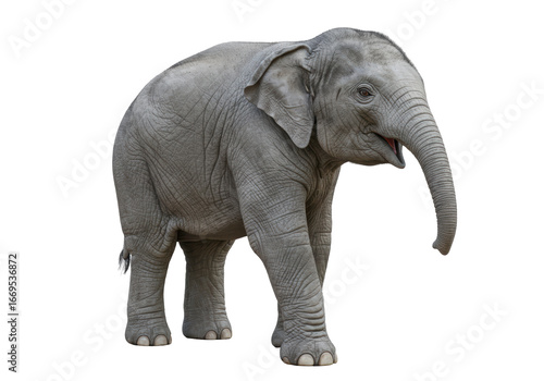 Photography Isolated Young Indian Elephant Walking with Curious Expression on a White Backgr