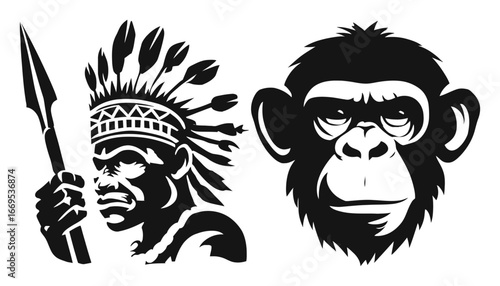 Native Warrior with Spear and Stylized Monkey Face in Black and White
