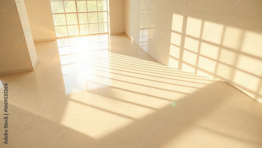 Obraz premium Sunlight streaming through window in empty room casting shadows on the floor and walls of the space