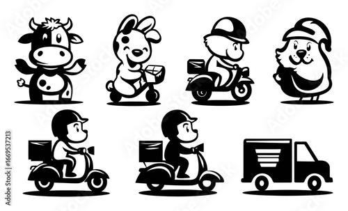 Cute Cartoon Characters Delivering Packages on Scooters and Bikes