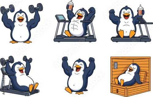 Strong cartoon penguin exercising, lifting weights, running treadmill, drinking protein shake, relaxing in sauna, fitness and wellness character illustration.