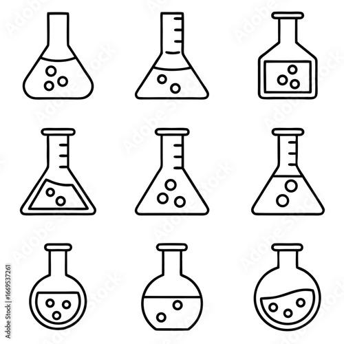 Set of nine science flasks and beakers for laboratory experiments and chemical research in format