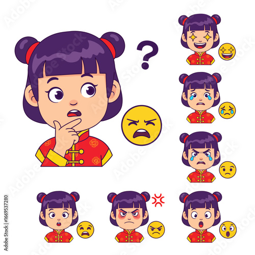 Bring emotions to life! Flat design vector of a little Chinese girl with modular emoticons—confused, happy, sad, angry, surprised—for digital creatives.