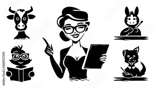 Playful Cartoon Characters Featuring Animals and a Woman in Glasses