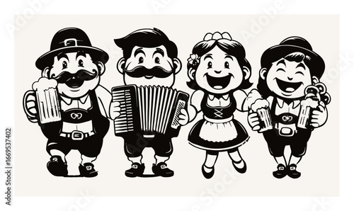 Cheerful Cartoon Characters in Traditional Attire with Beers and Accordion
