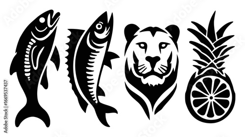 Black and White Illustrations of Fish, Lion, and Pineapple Designs