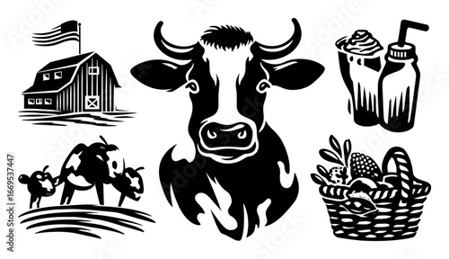 Vintage Farm Illustration Featuring Cows, Drinks, Barn, and Basket