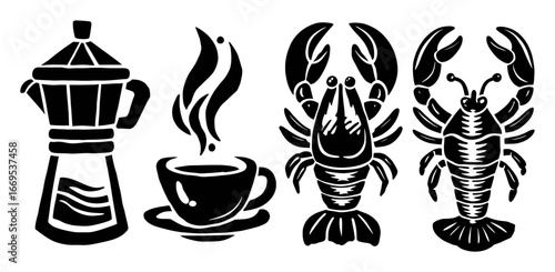 Coffee Maker and Lobster Icons Illustrating Culinary Experience