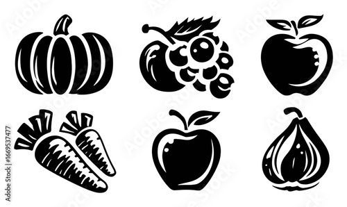 Black Silhouette Illustrations of Various Fruits and Vegetables for Design